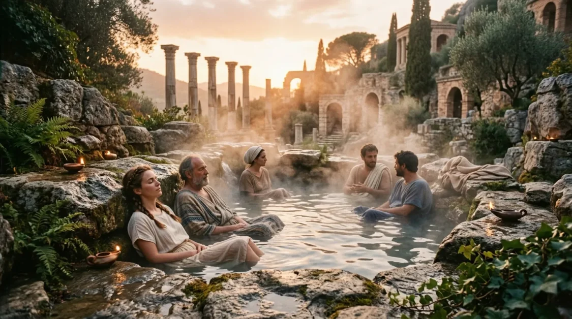 An ancient Roman bathhouse scene with large marble columns, warm steaming pools, and people in traditional Roman attire relaxing in a communal hot bath.