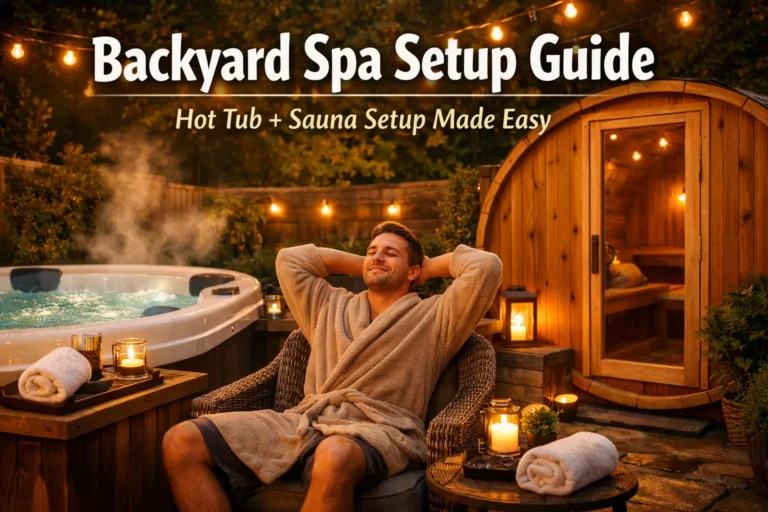 Homeowner enjoying backyard spa with hot tub and sauna setup on a cozy patio with warm lighting.