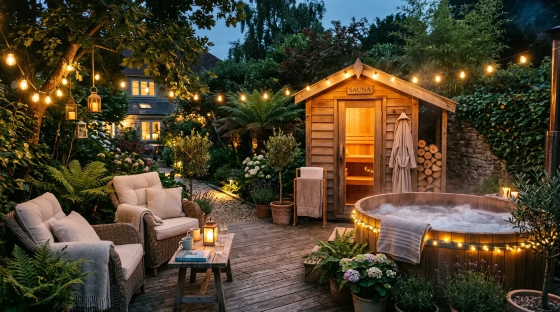 How to Create a Backyard Spa With a Hot Tub and Sauna 2 A cozy backyard with a hot tub and small sauna side by side, warm lighting, plants, and a relaxing seating area.