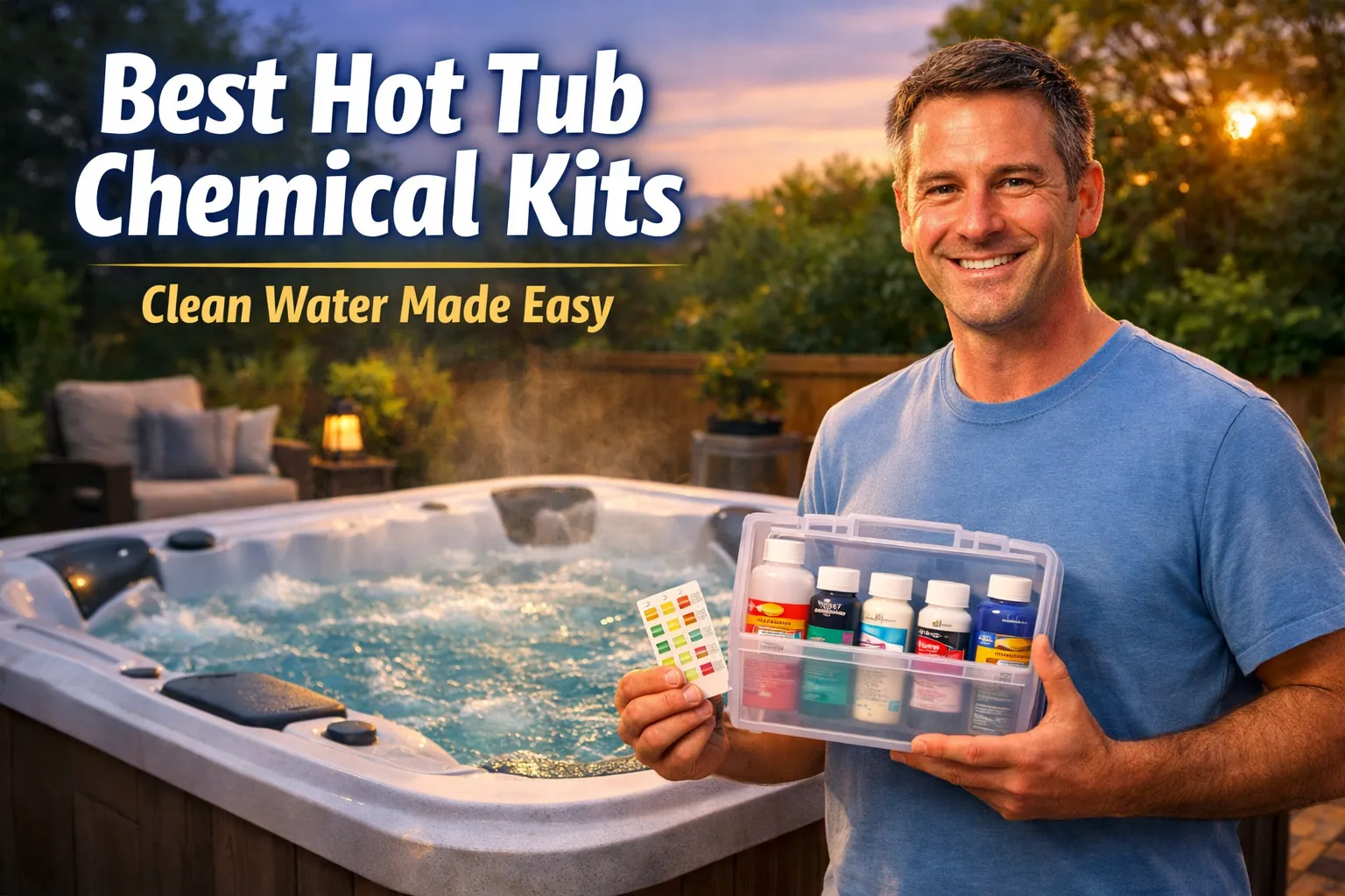 Homeowner holding a hot tub chemical kit beside a backyard spa with text overlay about best chemical kits