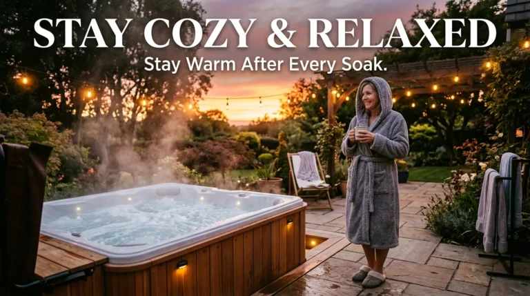 Homeowner in a hooded hot tub robe standing on a backyard patio beside a steaming spa.