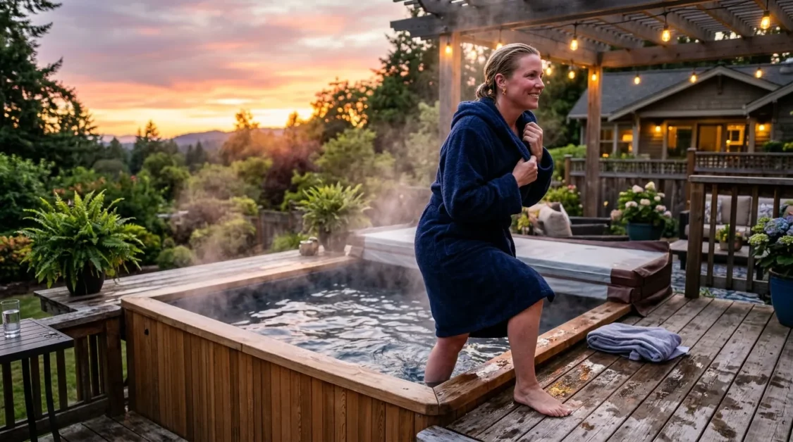 A homeowner stepping out of a steaming hot tub on a backyard patio at sunset, wrapping themselves in a hooded robe.