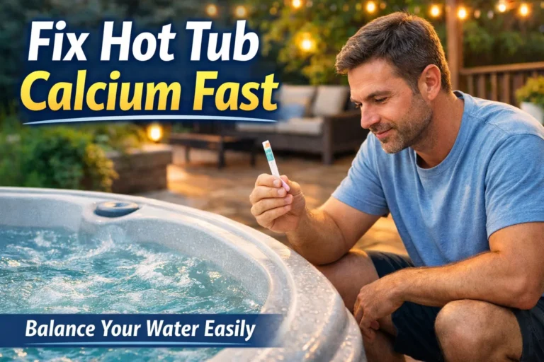 Calcium Hardness in Hot Tub: How to Balance It the Right Way 8 Homeowner testing hot tub water on a backyard patio with text overlay about calcium hardness balance.