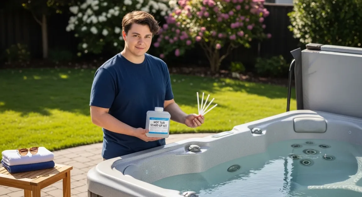 A homeowner standing beside a backyard hot tub holding a chemical starter kit with test strips visible, sunny patio setting. 16:9 ratio
