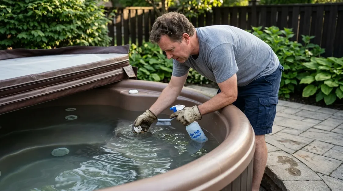 A homeowner leaning over a backyard hot tub, removing a jet while holding a cleaning brush and spray bottle.