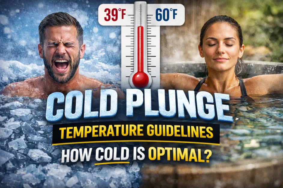 Man grimacing in icy cold plunge beside calm woman in warmer water, with thermometer graphic and bold text reading “Cold Plunge Temperature Guidelines – How Cold Is Optimal?”