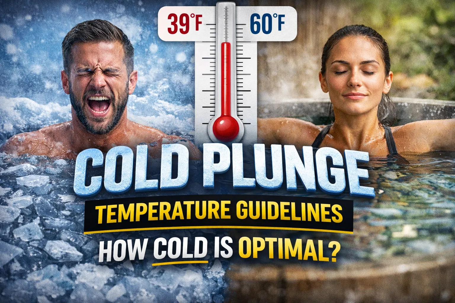 Man grimacing in icy cold plunge beside calm woman in warmer water, with thermometer graphic and bold text reading “Cold Plunge Temperature Guidelines – How Cold Is Optimal?”