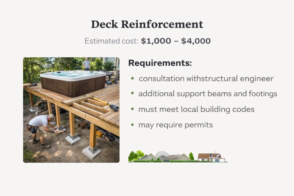 Contractor reinforcing a wooden deck with support beams and concrete footings for a hot tub installation