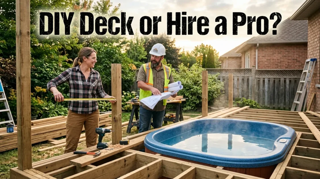 Homeowner comparing DIY hot tub deck building with contractor plans beside a backyard spa.
