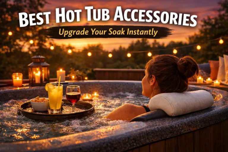Hot Tub Accessories That Actually Improve Your Soak (2026 Guide) 9 Person relaxing in a backyard hot tub with accessories like tray and lights, showing best hot tub accessories setup.