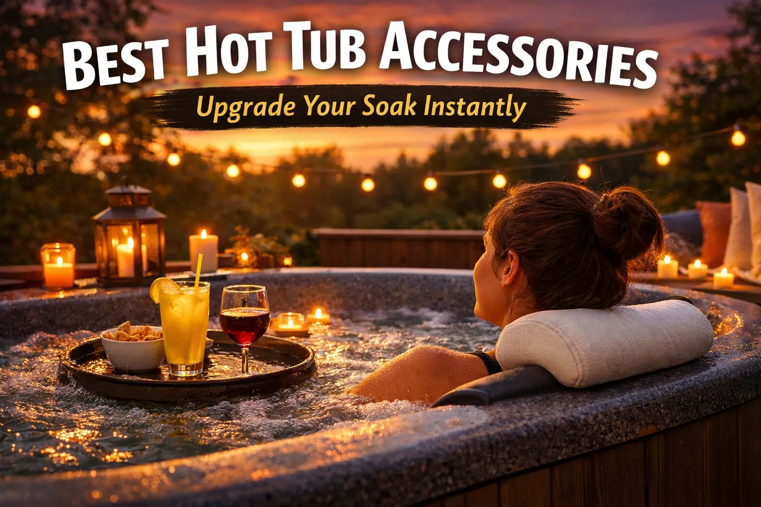 Person relaxing in a backyard hot tub with accessories like tray and lights, showing best hot tub accessories setup.