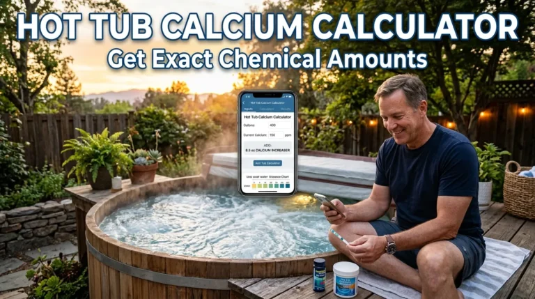 Homeowner using hot tub calcium hardness calculator on a patio with water test strip.