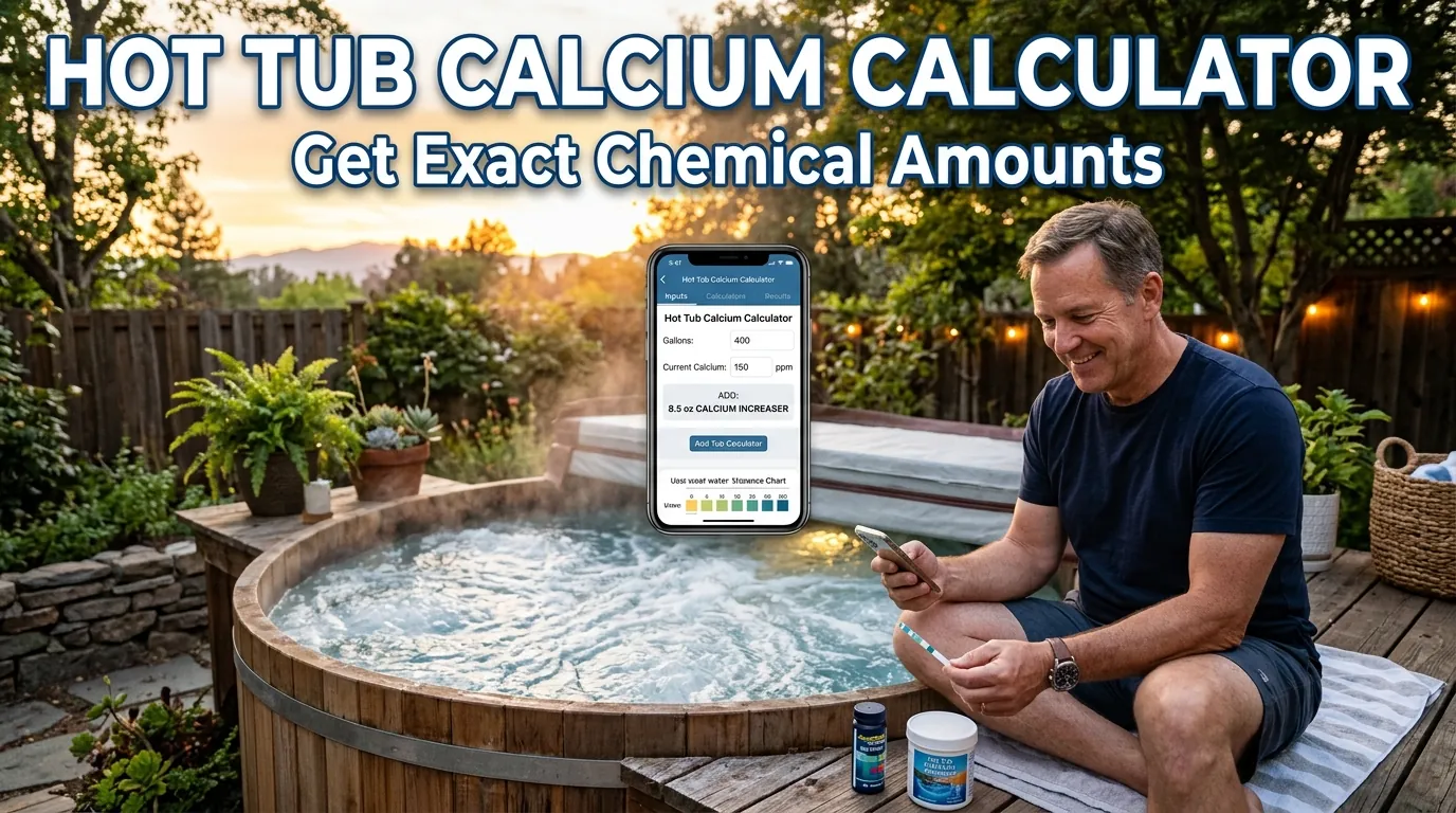 Homeowner using hot tub calcium hardness calculator on a patio with water test strip.