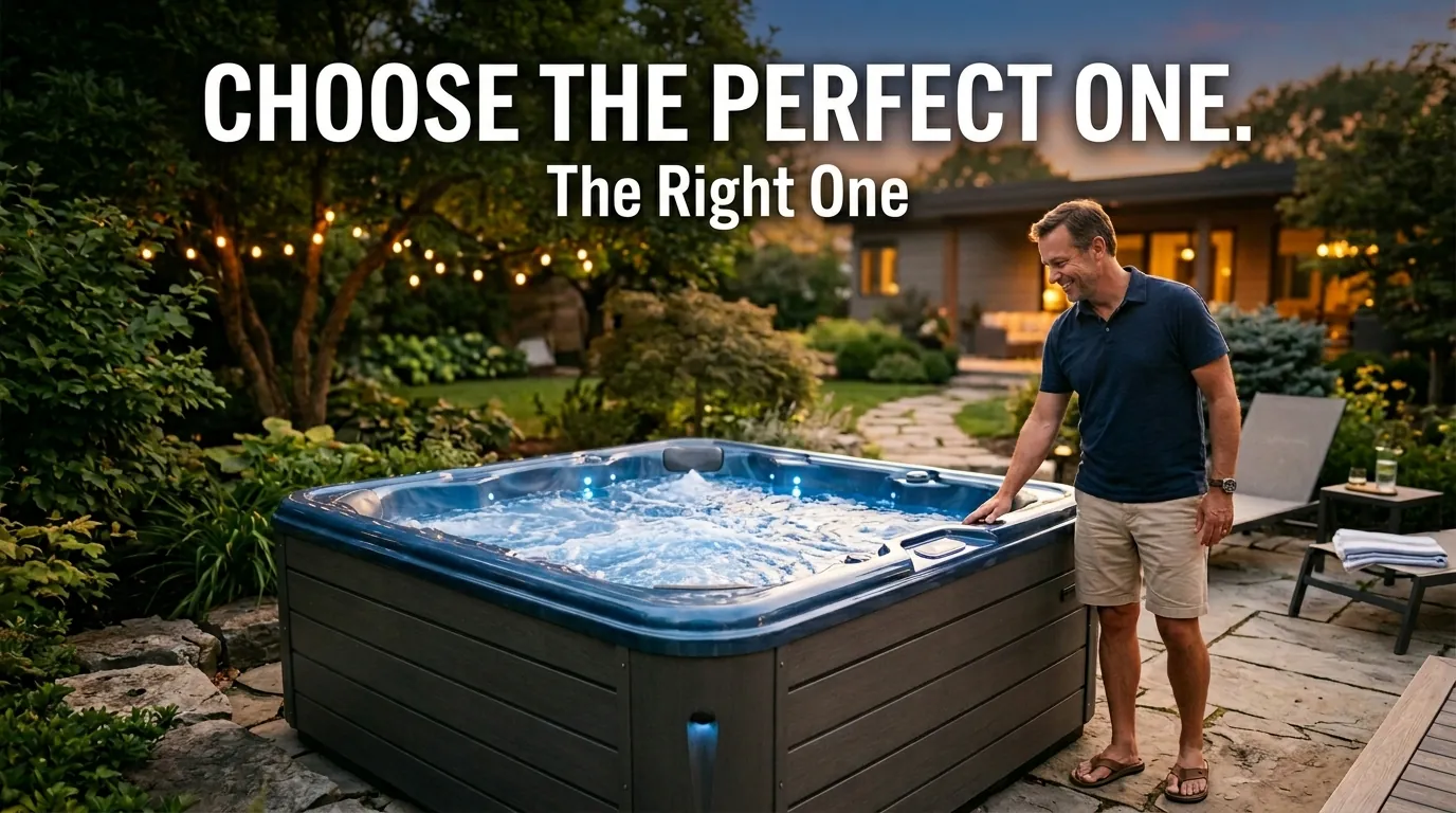 Hot Tub Shells: Materials, Pros, Cons, and Care Guide 1 Homeowner inspecting hot tub shell on backyard patio with title overlay about hot tub shell guide.