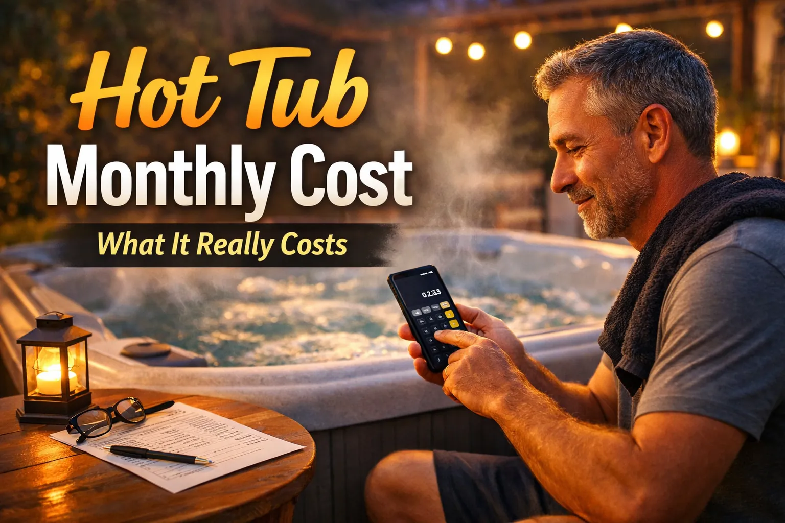 How Much Does a Hot Tub Cost Per Month? Real Running Costs Explained 1 A visual of hot tub monthly cost with a man using a calculator.