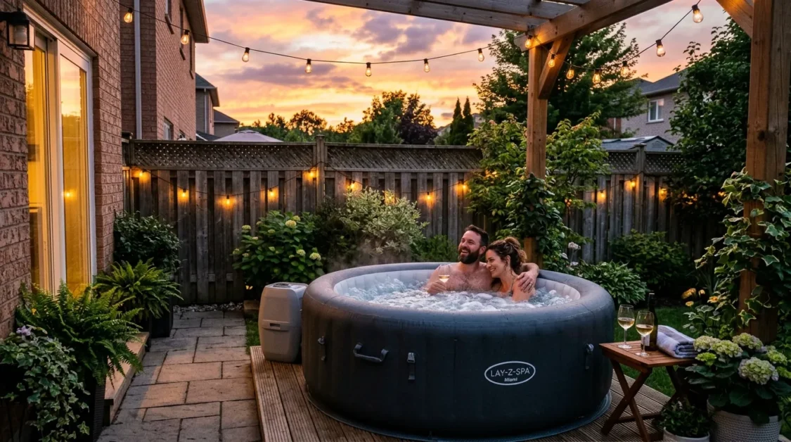 Coleman SaluSpa Havana Hot Tub Review (Is It Worth It?) 3 A small backyard patio with an inflatable hot tub filled and bubbling, a couple relaxing inside during sunset.