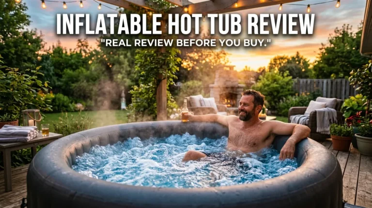 Coleman SaluSpa Havana Hot Tub Review (Is It Worth It?) 5 Couple relaxing in an inflatable hot tub on a backyard patio with text overlay about Coleman SaluSpa Havana review.