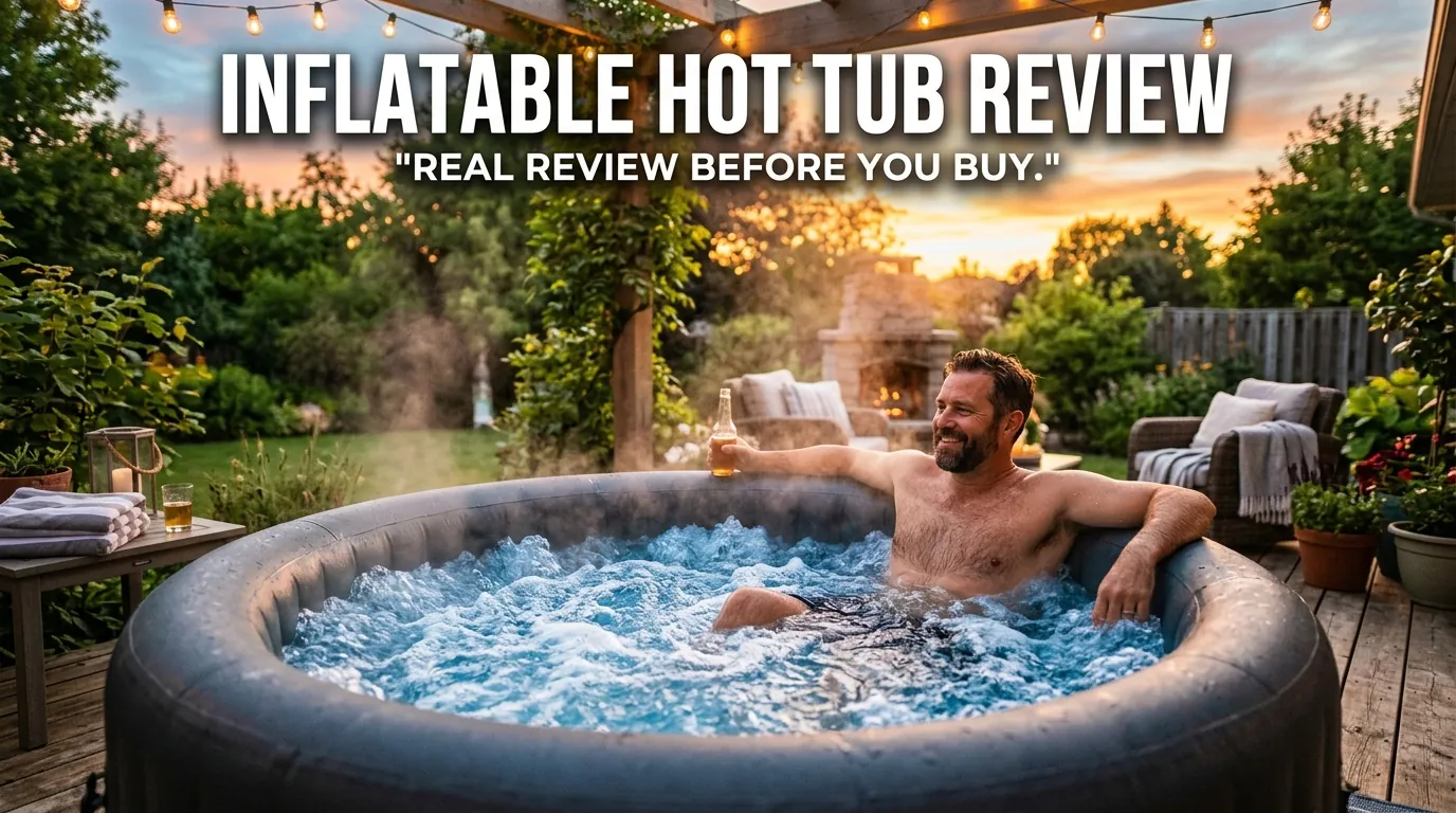 Coleman SaluSpa Havana Hot Tub Review (Is It Worth It?) 1 Couple relaxing in an inflatable hot tub on a backyard patio with text overlay about Coleman SaluSpa Havana review.