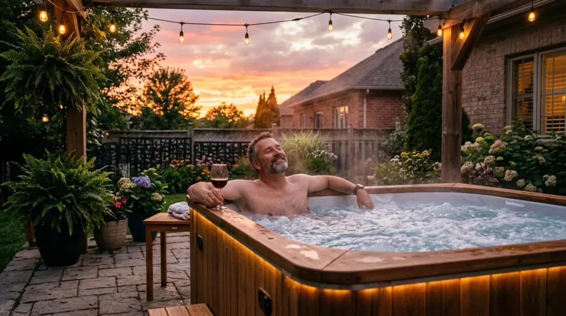How Much Does a Hot Tub Cost Per Month? Real Running Costs Explained 2 A homeowner relaxing in a bubbling hot tub on a backyard patio during sunset with soft outdoor lighting.
