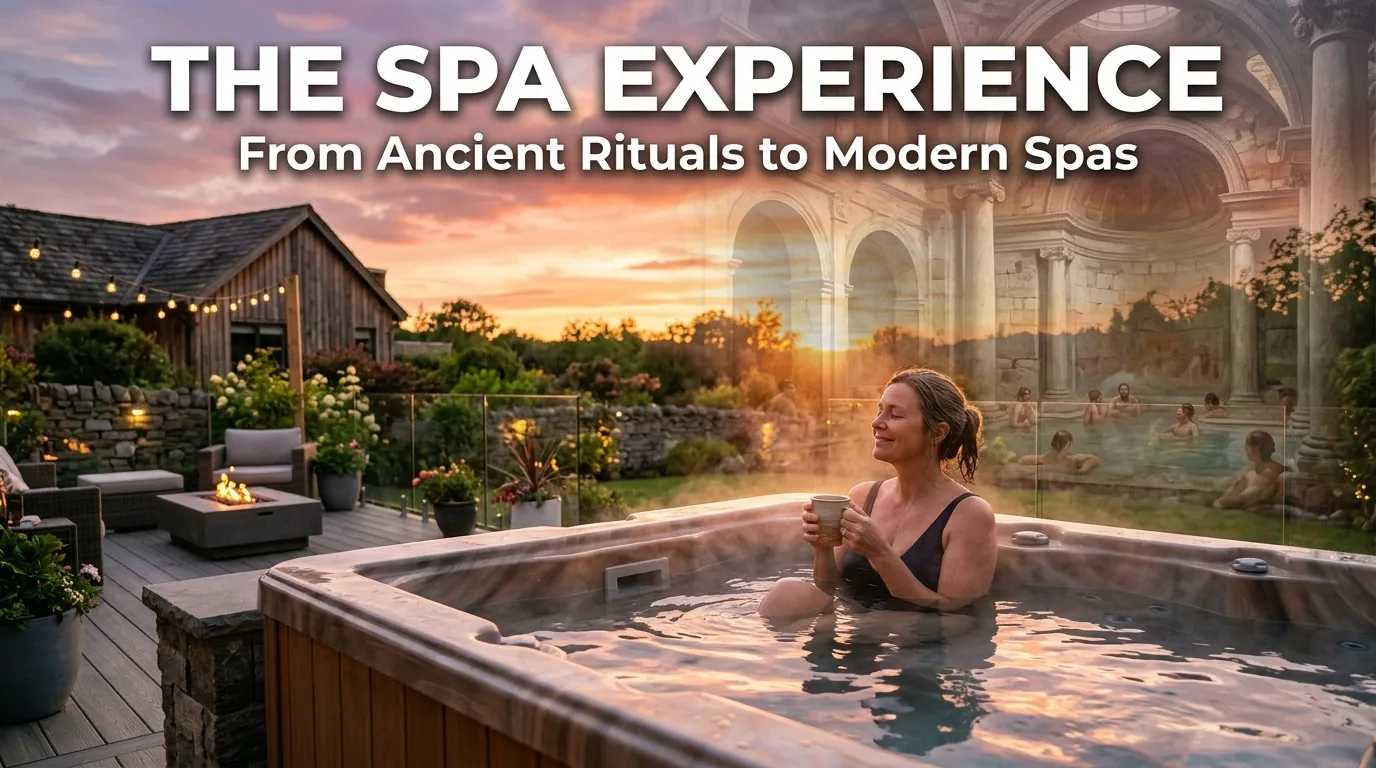 Relaxed person in steaming backyard hot tub with Roman bath background.