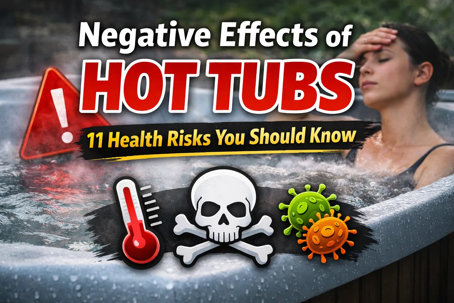 Negative Effects of Hot Tubs: 11 Health Risks You Should Know 1 Woman relaxing uncomfortably in a hot tub with warning icon and bold text “Negative Effects of Hot Tubs – 11 Health Risks You Should Know.”