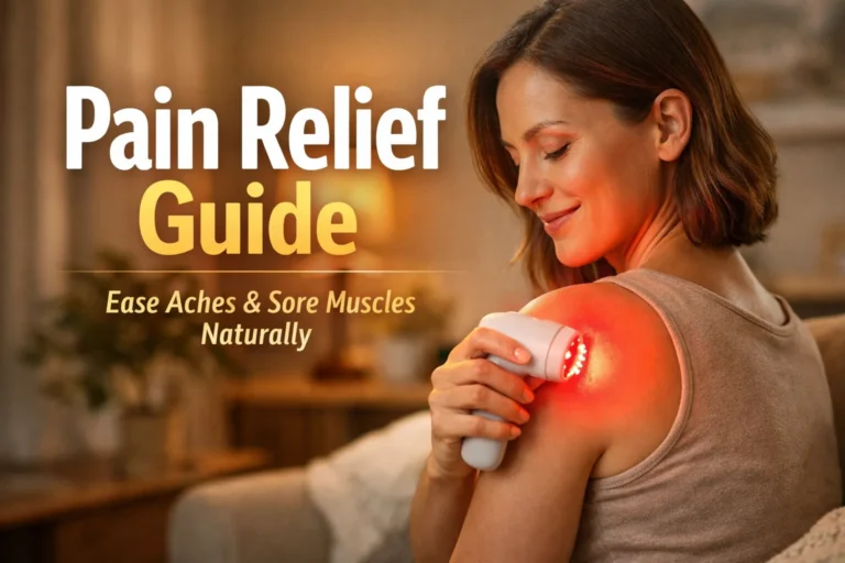 Red Light Therapy for Pain Relief: Beginner’s Guide 12 A woman using Red light therapy for pain relief at home.