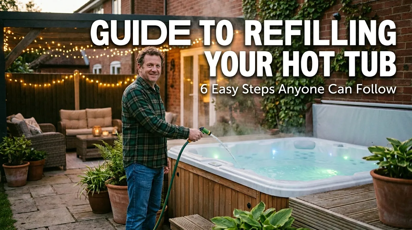 Homeowner refilling hot tub with garden hose on backyard patio with step-by-step guide text overlay