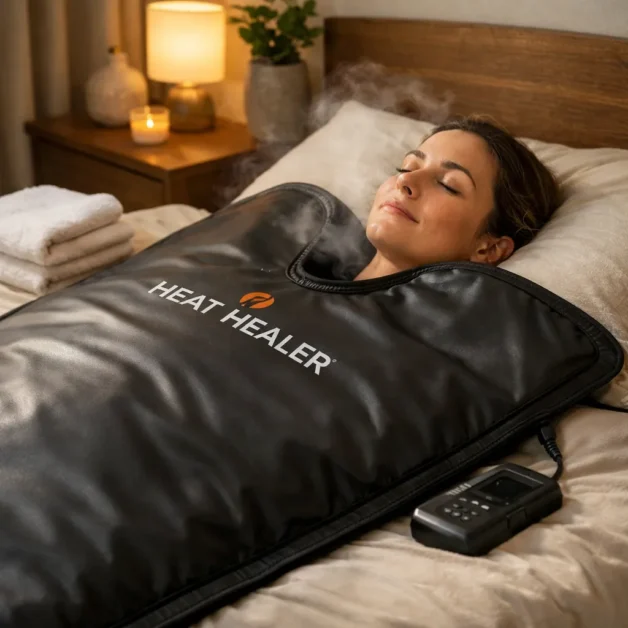 Person relaxing in a sauna blanket on a bed in a cozy room.
