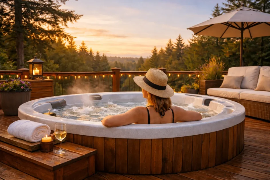 Woman relaxing in a hot tub on a wooden deck surrounded by forest at sunset
