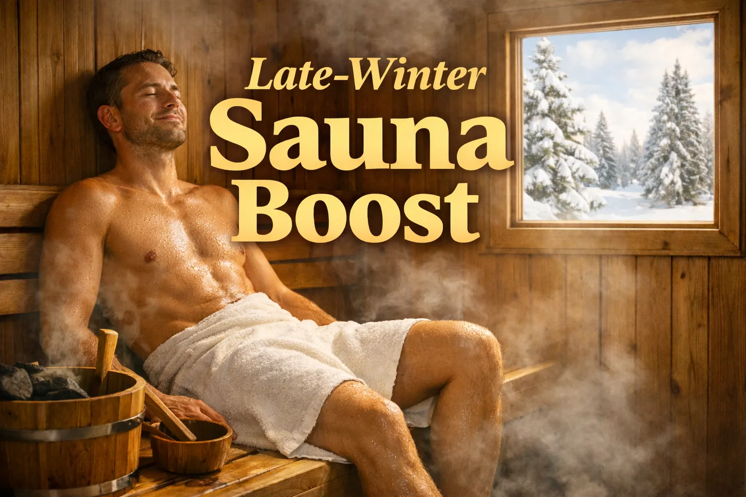 Person relaxing in a wooden sauna with steam during winter and bold wellness title overlay.