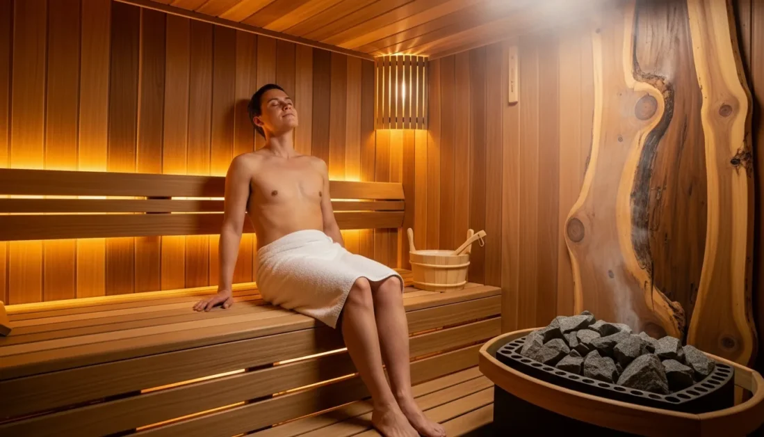 A cozy wooden sauna interior with warm lighting, soft steam rising from heated sauna stones, and a relaxed person sitting on a wooden bench with a towel.