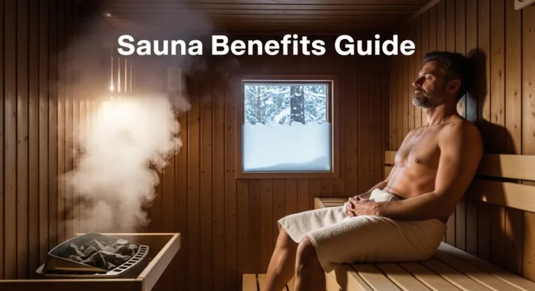 Man relaxing inside a wooden sauna with steam and bold text overlay Sauna Benefits Guide.