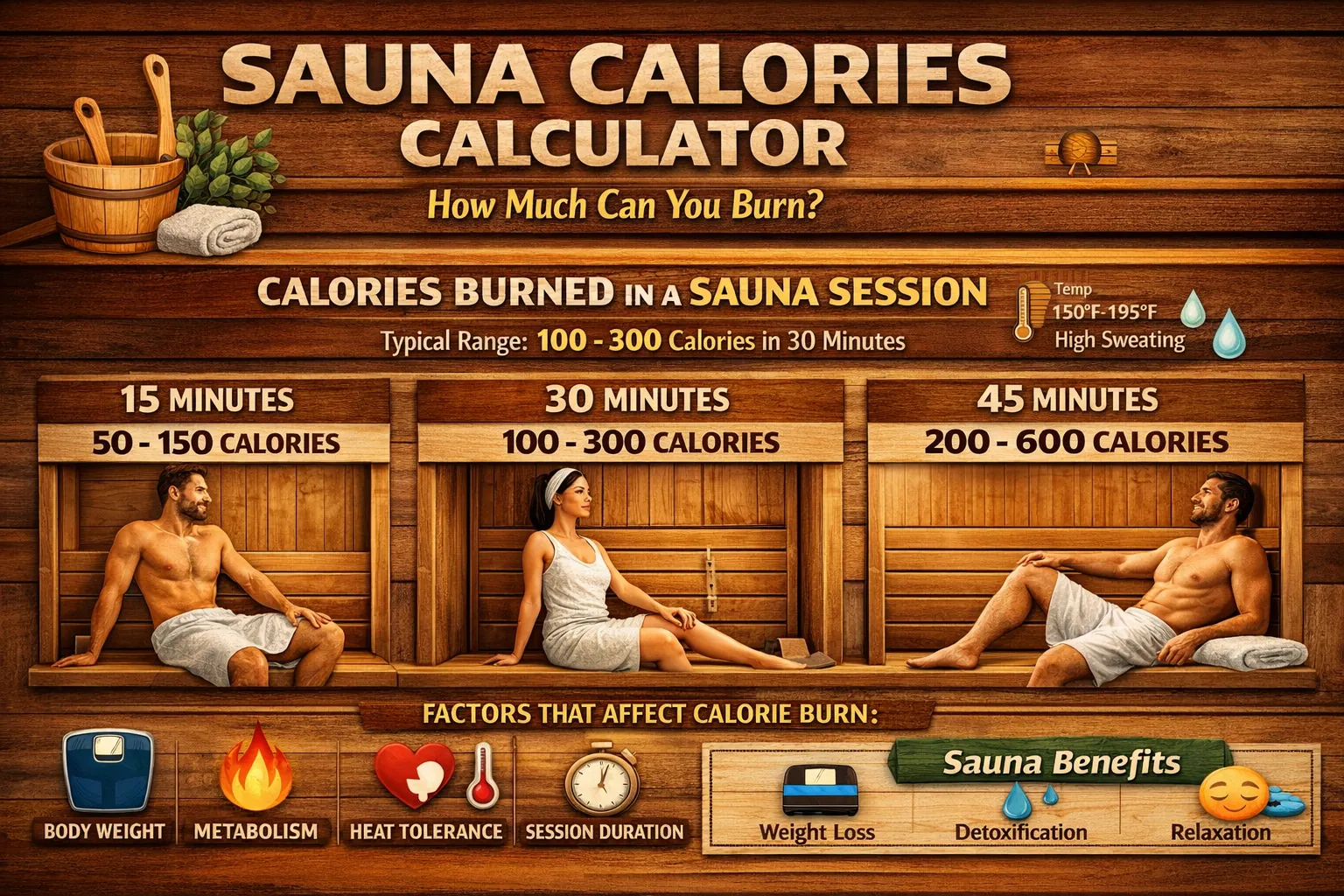A visual info with text for Sauna Calories Calculator.