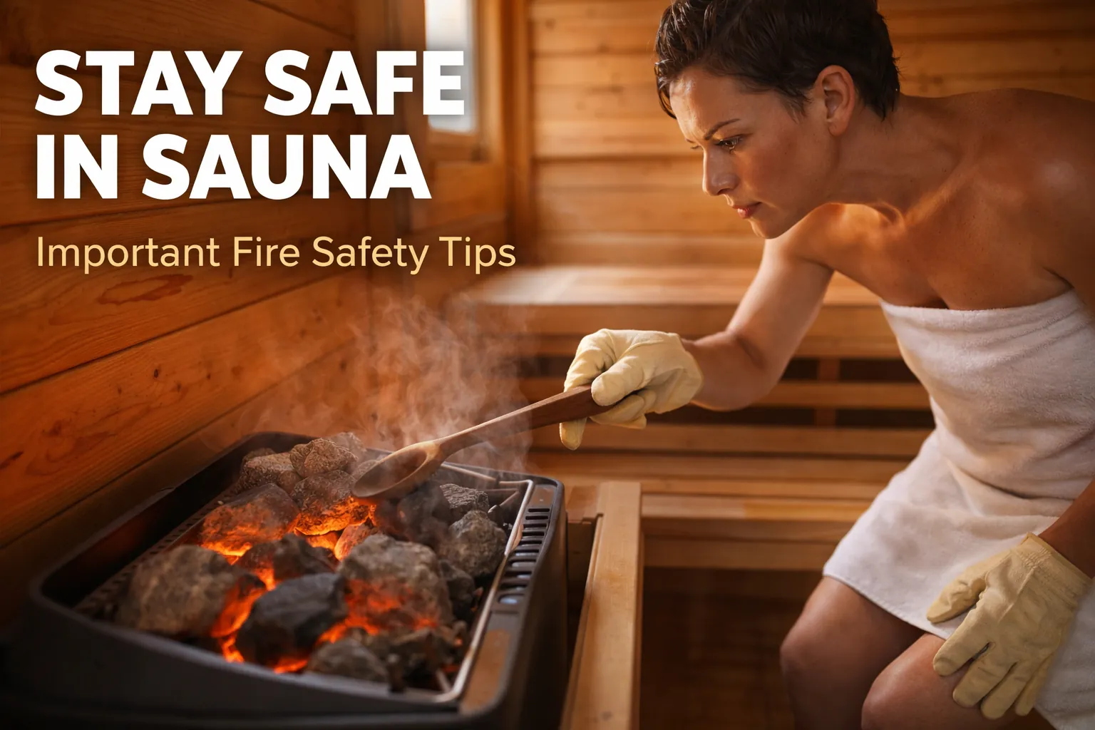 Sauna Fire Safety Guidelines: Stay Safe and Relax 1 Person inspecting a sauna heater inside a wooden sauna room with safety warning text overlay.