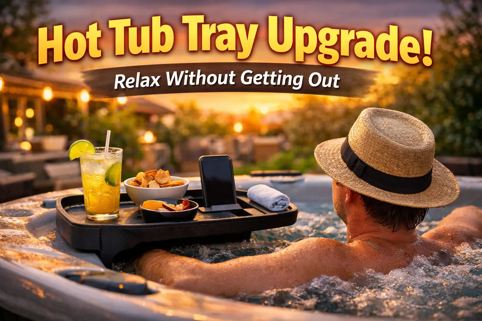 Person relaxing in a backyard hot tub using a spa caddy tray with drinks and snacks.