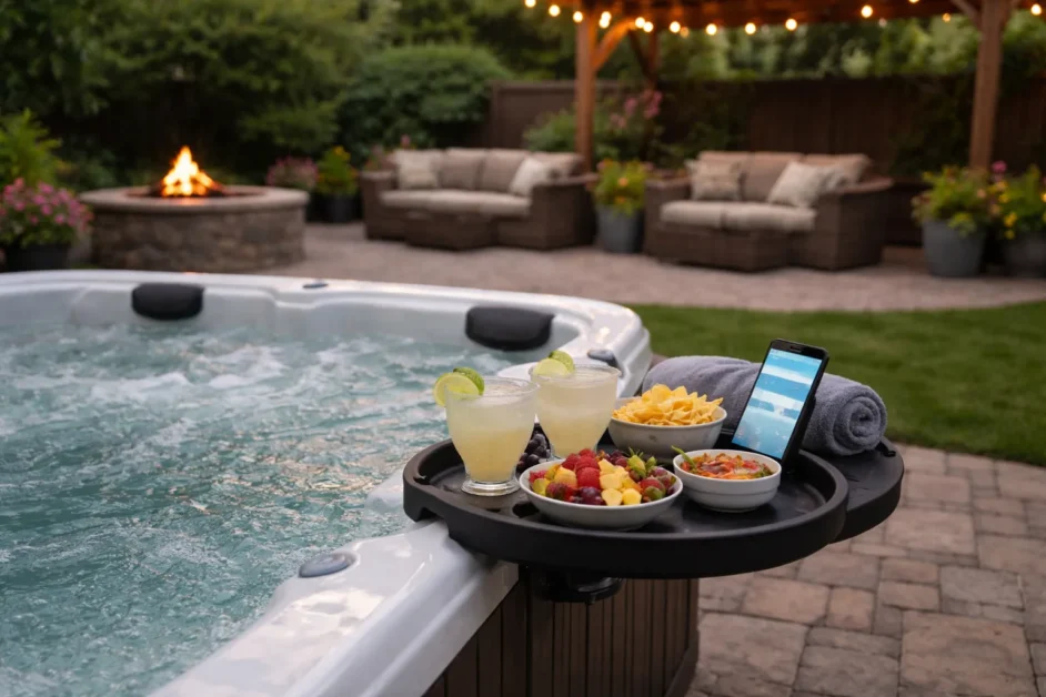 A backyard hot tub with a spa caddy holding drinks, snacks, and a phone in a cozy patio setting.