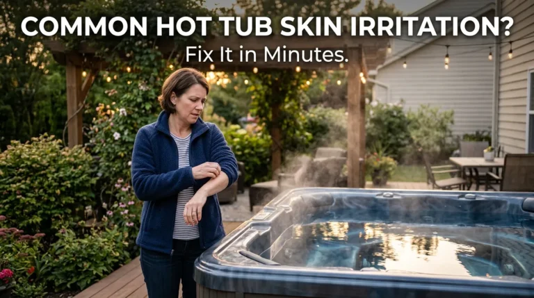 Hot Tub Itchiness Fix: Causes, Treatment & Prevention 13 Homeowner scratching arm next to backyard hot tub with text about stopping hot tub itchiness.