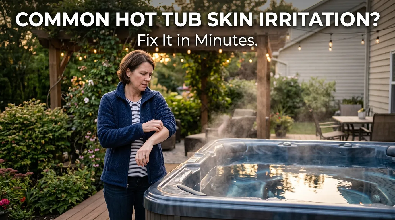 Homeowner scratching arm next to backyard hot tub with text about stopping hot tub itchiness.