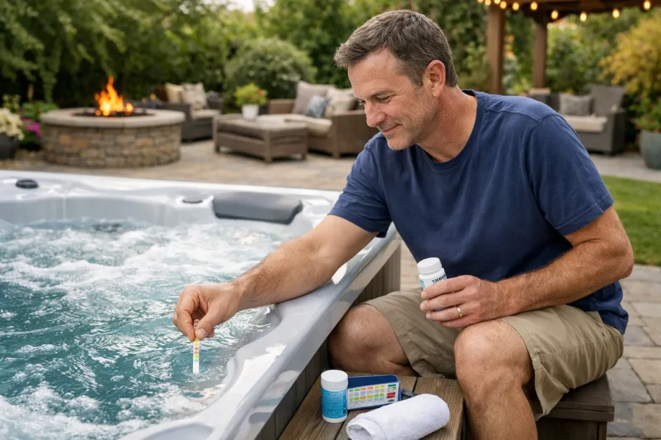 A homeowner sitting beside a hot tub on a backyard patio, dipping a test strip into the water.