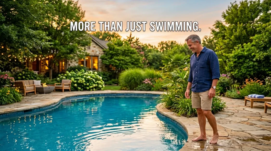 Homeowner standing beside a backyard swimming pool with text overlay about why people love swimming pools.