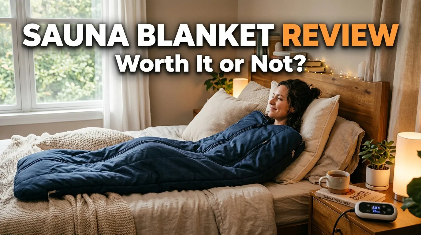 Woman using a Heat Healer sauna blanket in a home bedroom with bold review text overlay.