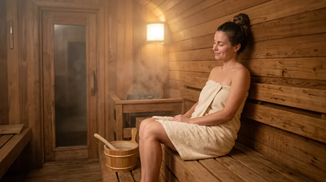 Sauna During Your Period: Safety, Tips, and Best Practices 2 A relaxed woman sitting in a warm wooden sauna wrapped in a towel, calm lighting and steam visible.