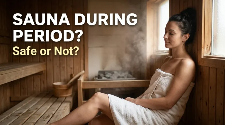 Woman sitting in a wooden sauna during her period with warm lighting and informational text overlay.
