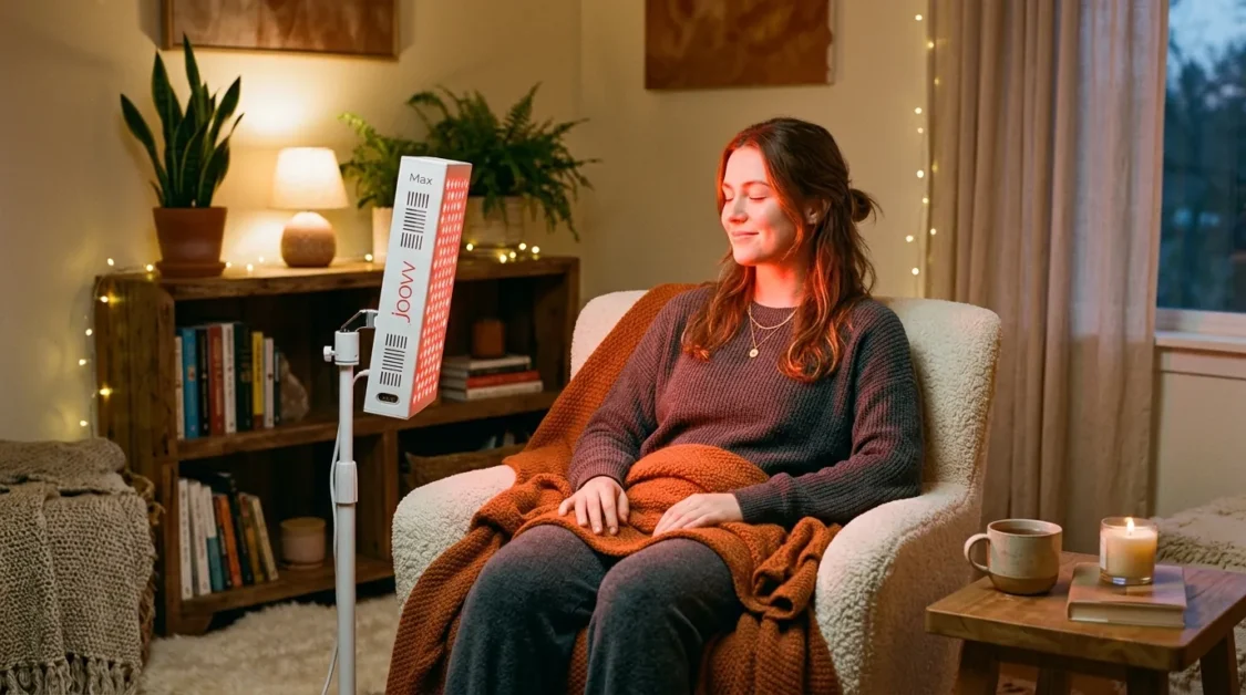 A cozy style a woman using a red-light therapy light at home