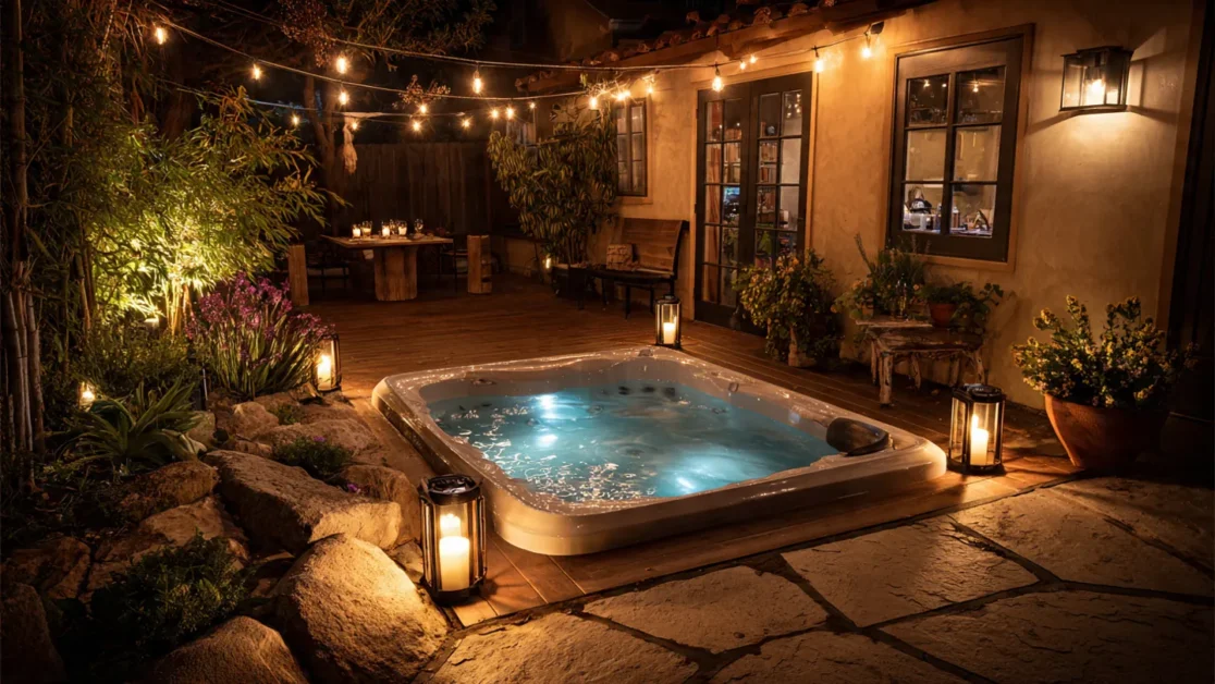 Hot tub at night with string lights, LED lighting, and lanterns creating a cozy backyard ambiance
