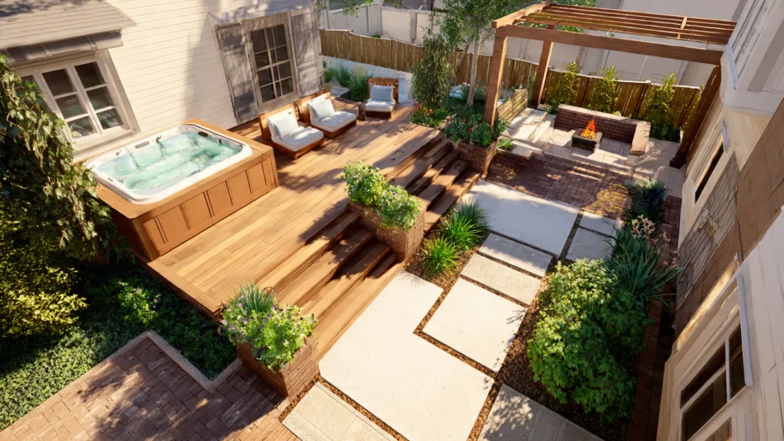 Multi-level backyard with hot tub, seating area, and fire pit creating separate zones in a small garden