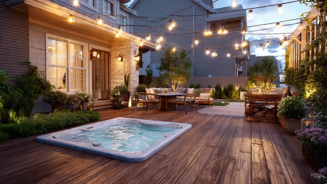 A cozy backyard patio with a wooden deck featuring a built-in hot tub seamlessly integrated into the decking.