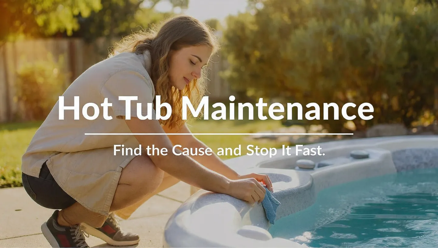 Homeowner inspecting rust stains on a hot tub shell in a backyard patio with bold article title overlay about rust causes and fixes.