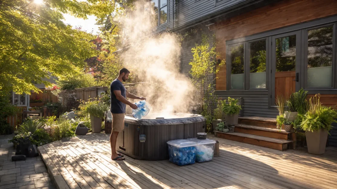 A homeowner standing beside a steaming hot tub on a sunny backyard patio, pouring a bag of ice into a floating container.