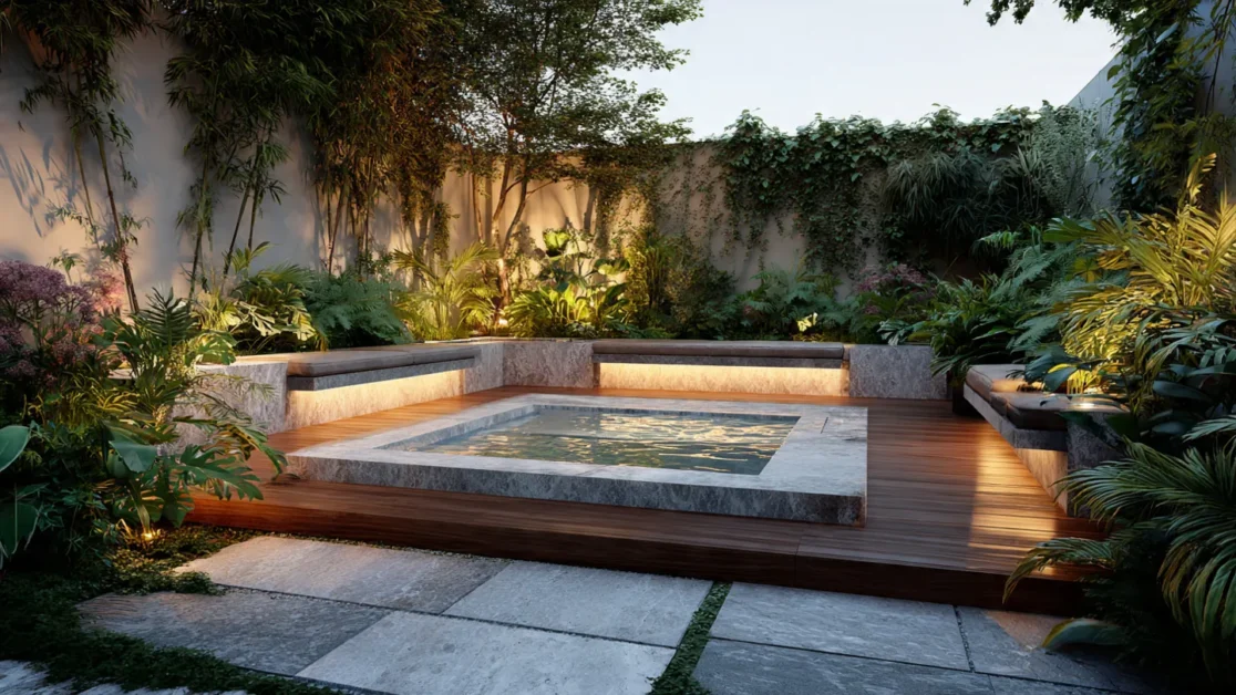 Sunken hot tub in a small backyard garden with built-in seating and privacy plants creating a luxury spa feel
